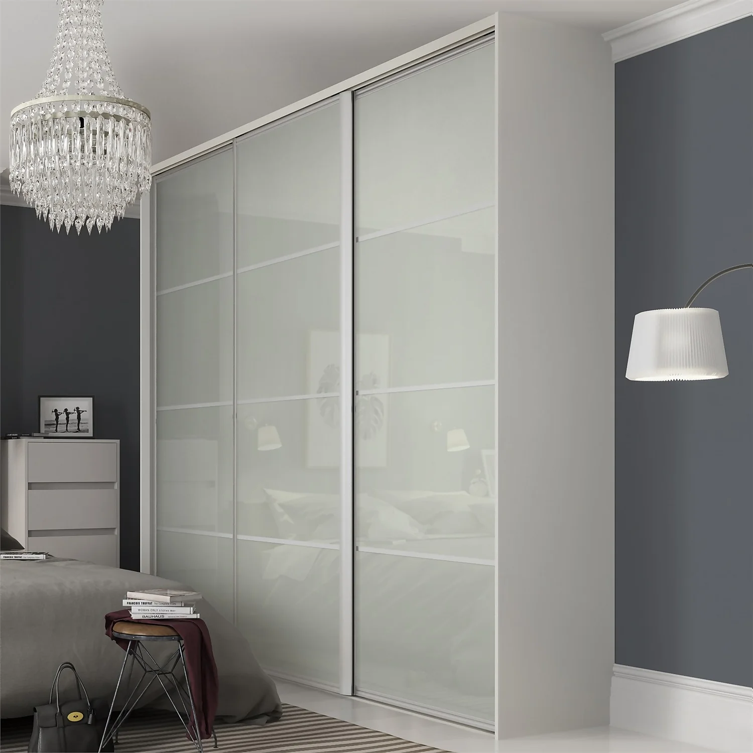 Ellipse Sliding Wardrobe Door 4 Panel Arctic White Glass With Aluminium Frame (W)762mm 4 Ellipse Sliding Wardrobe Door 4 Panel Arctic White Glass With Aluminium Frame (W)762mm - Image 2