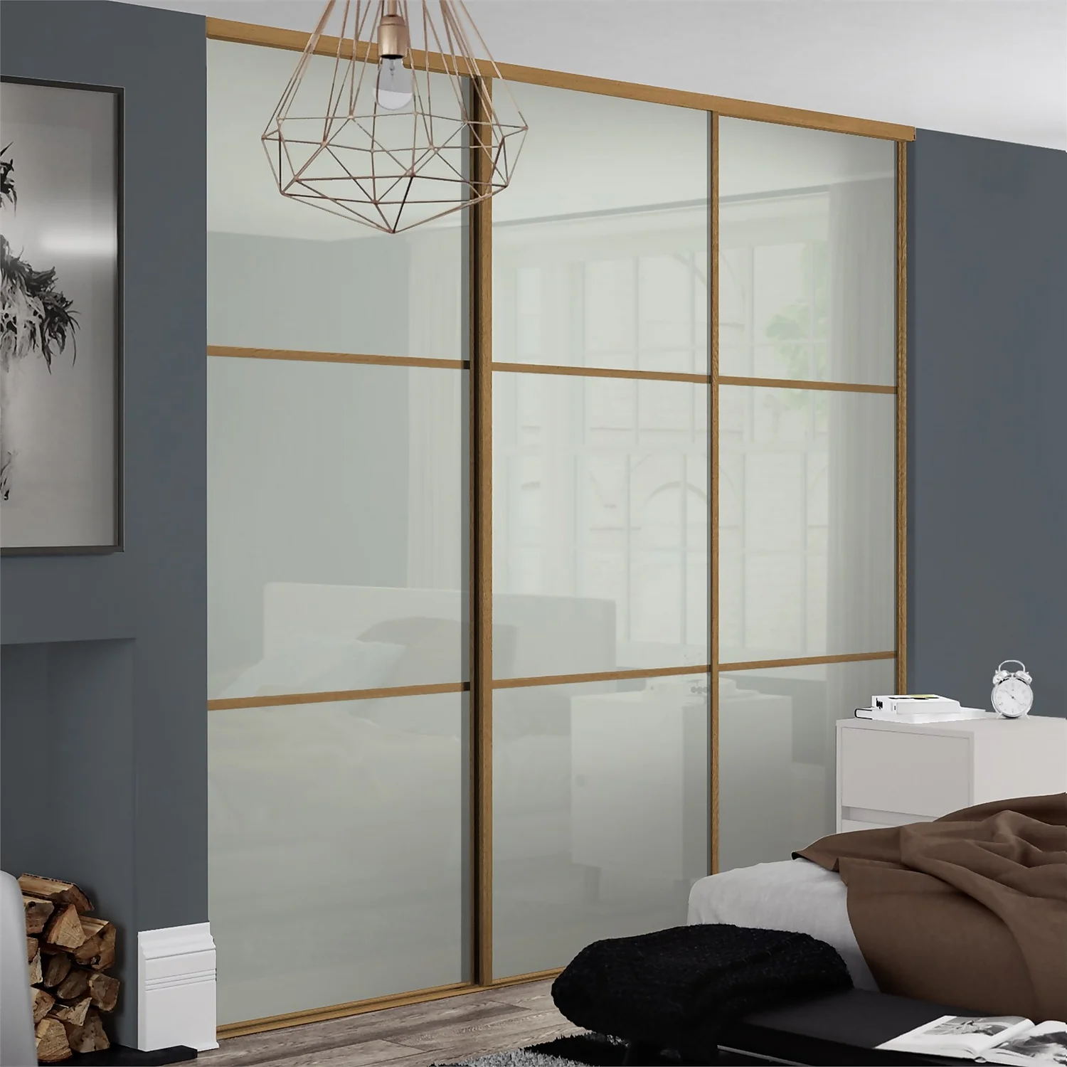 Linear Sliding Wardrobe Door 3 Panel Arctic White Glass With Oak Frame (W)762mm 4 Linear Sliding Wardrobe Door 3 Panel Arctic White Glass With Oak Frame (W)762mm - Image 2