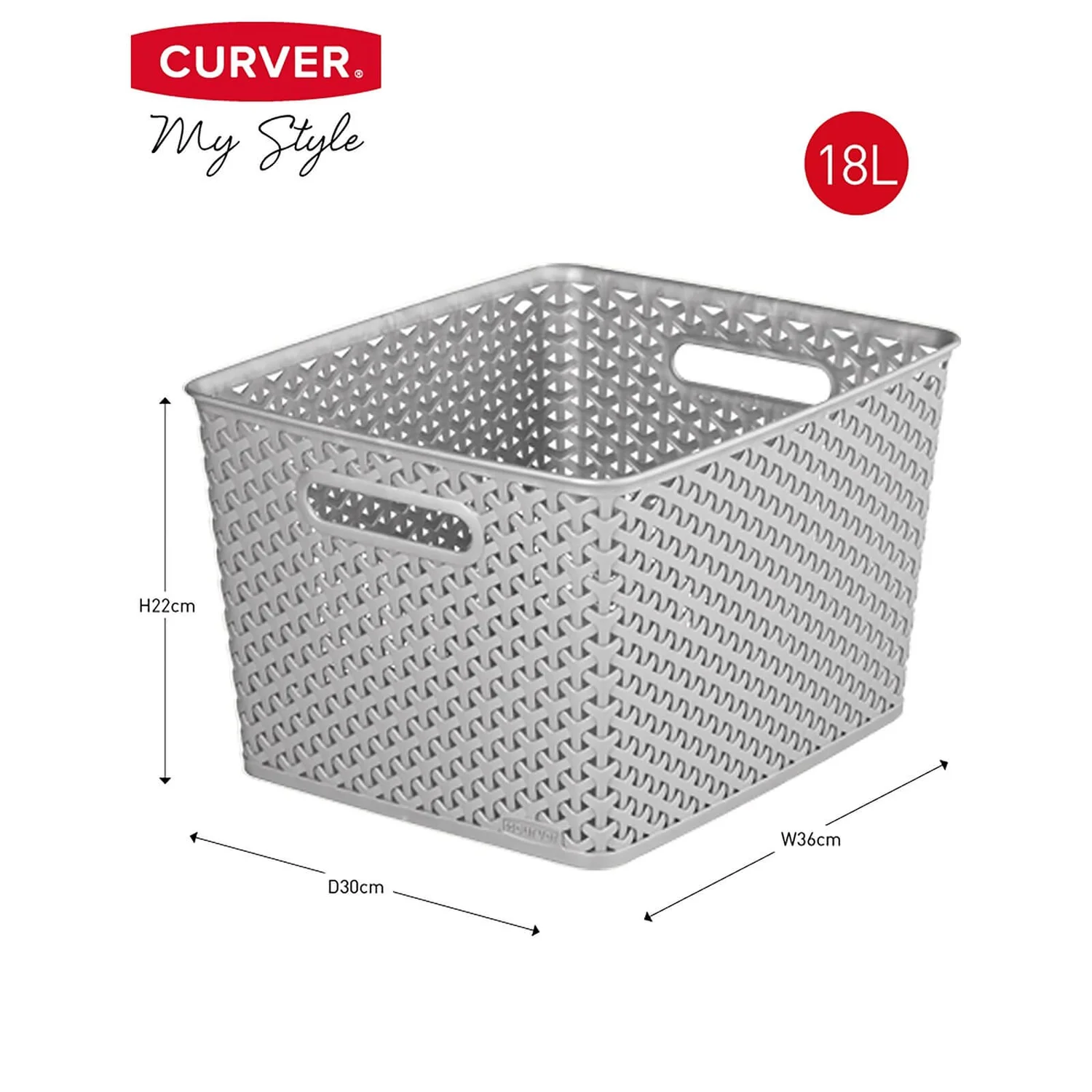 Curver My Style Large Rectangular Plastic Storage Basket - Grey - 18L 4 Curver My Style Large Rectangular Plastic Storage Basket - Grey - 18L - Image 2