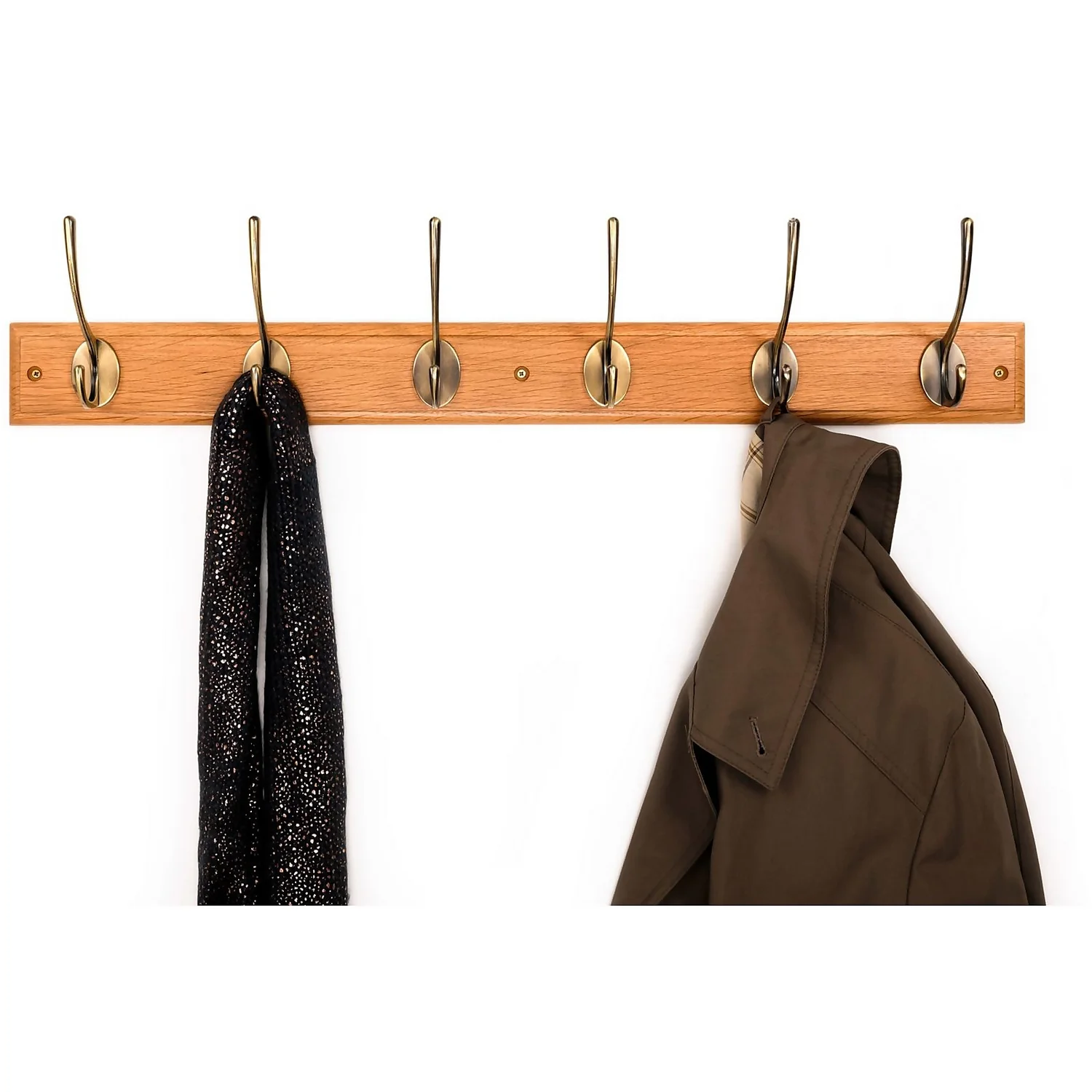 6 Victorian Antiqued Brass Hooks On Oak Stepped Board 4 6 Victorian Antiqued Brass Hooks On Oak Stepped Board - Image 2