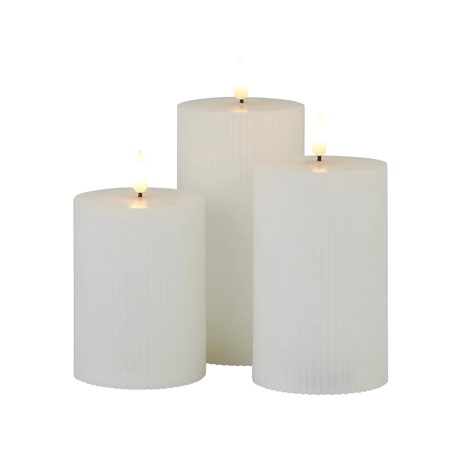 Pack Of 3 LED Pillar Ribbed Candles - White 3 Pack Of 3 LED Pillar Ribbed Candles - White