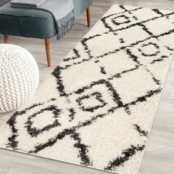 Deluxe Berber Shaggy Runner - White & Black - 180x67cm -Home Furniture 13888027 7164988131113105