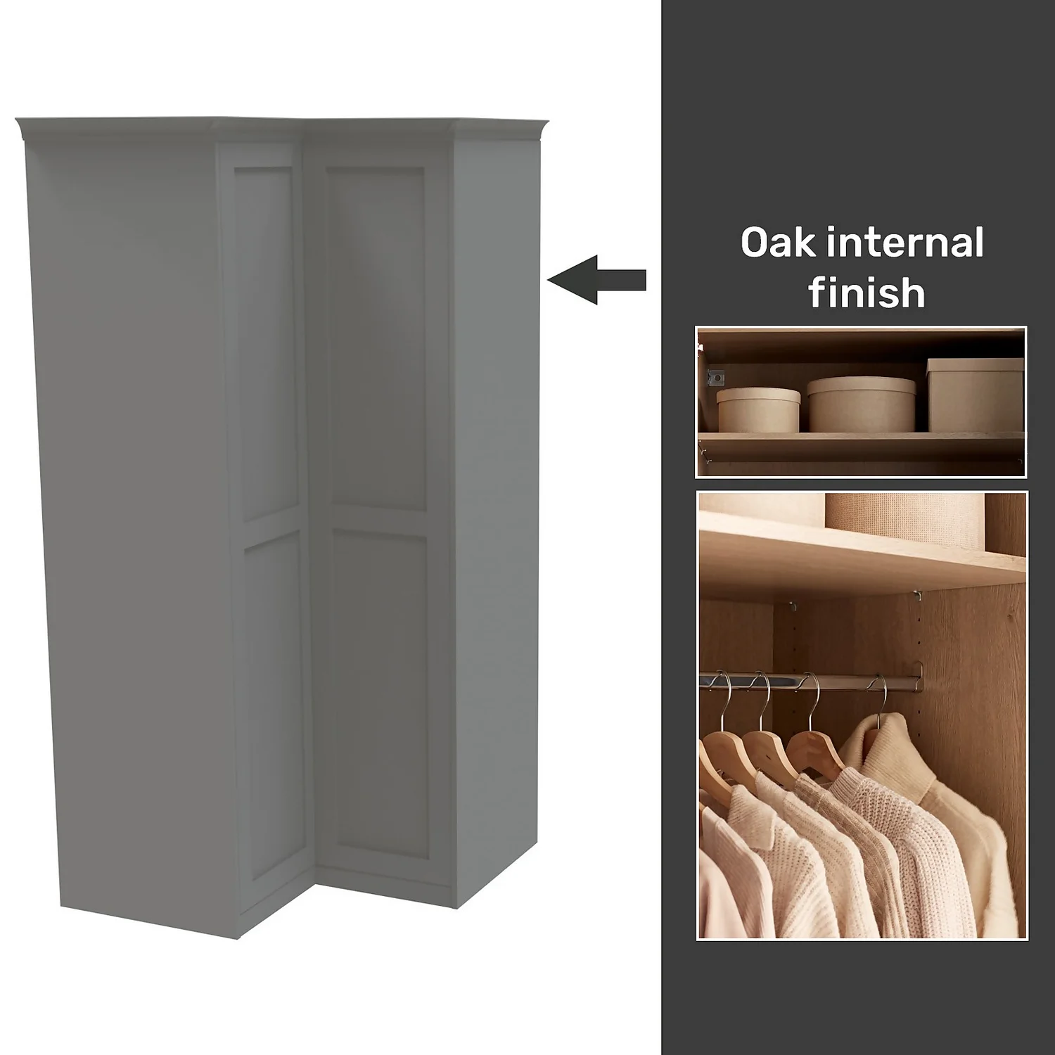 House Beautiful Realm Fitted Look Corner Wardrobe, Oak Effect Carcass - Grey Shaker Doors (W) 1103mm X (H) 2256mm 3 House Beautiful Realm Fitted Look Corner Wardrobe, Oak Effect Carcass - Grey Shaker Doors (W) 1103mm X (H) 2256mm