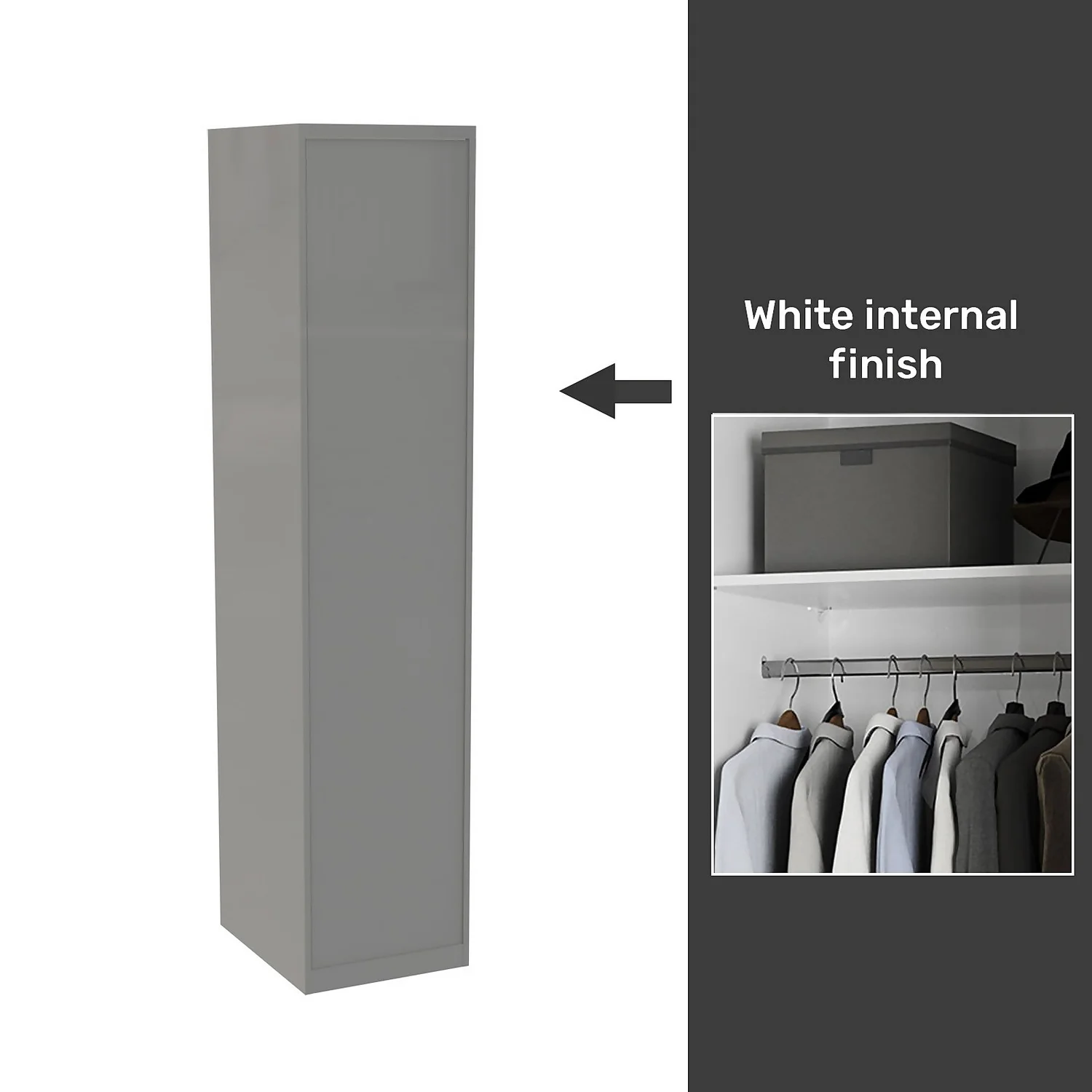 House Beautiful Honest Fitted Look Single Wardrobe, White Carcass - Gloss Grey Slab Door (W) 490mm X (H) 2226mm 3 House Beautiful Honest Fitted Look Single Wardrobe, White Carcass - Gloss Grey Slab Door (W) 490mm X (H) 2226mm
