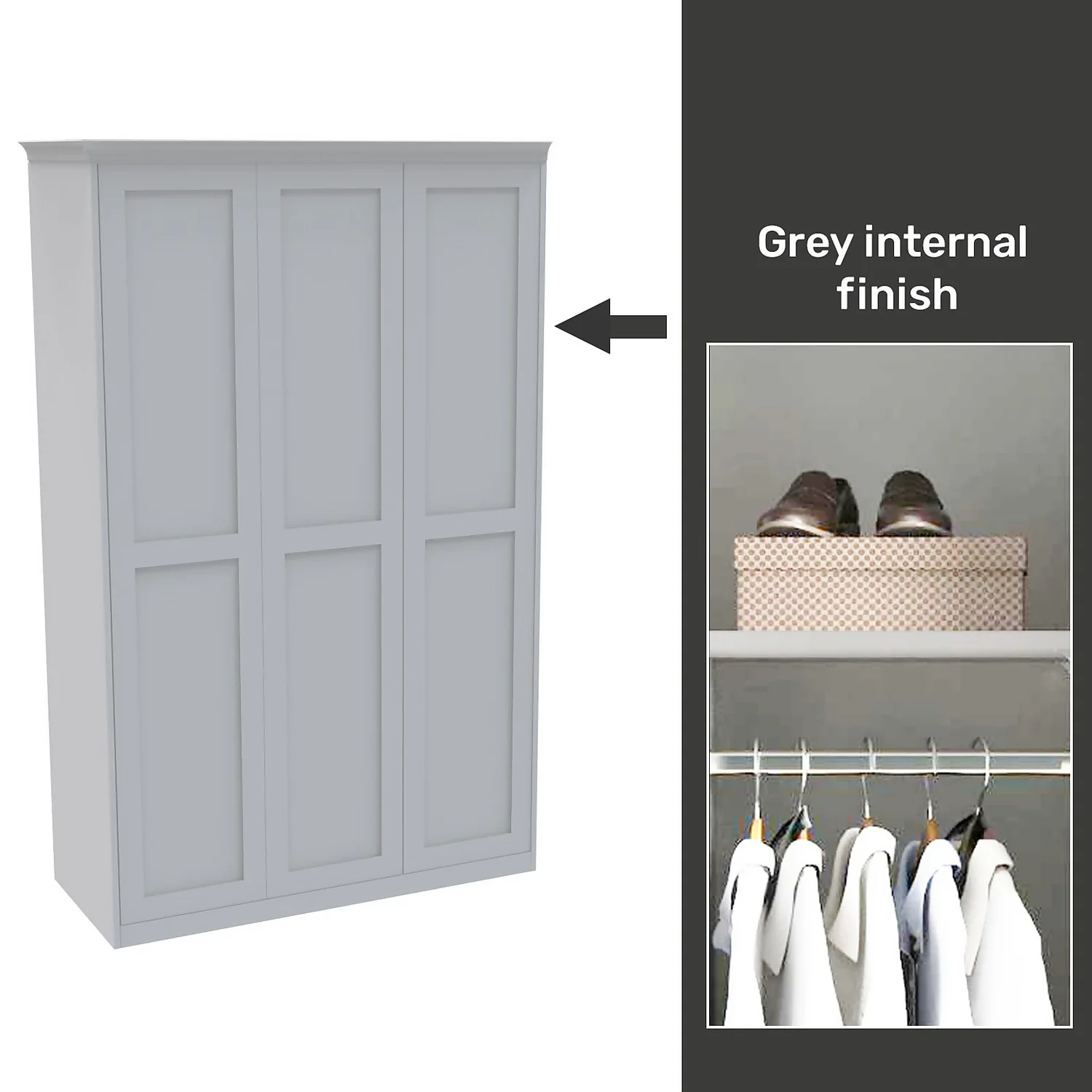 House Beautiful Realm Fitted Look Triple Wardrobe, Grey Carcass - White Shaker Doors (W) 1451mm X (H) 2256mm 3 House Beautiful Realm Fitted Look Triple Wardrobe, Grey Carcass - White Shaker Doors (W) 1451mm X (H) 2256mm