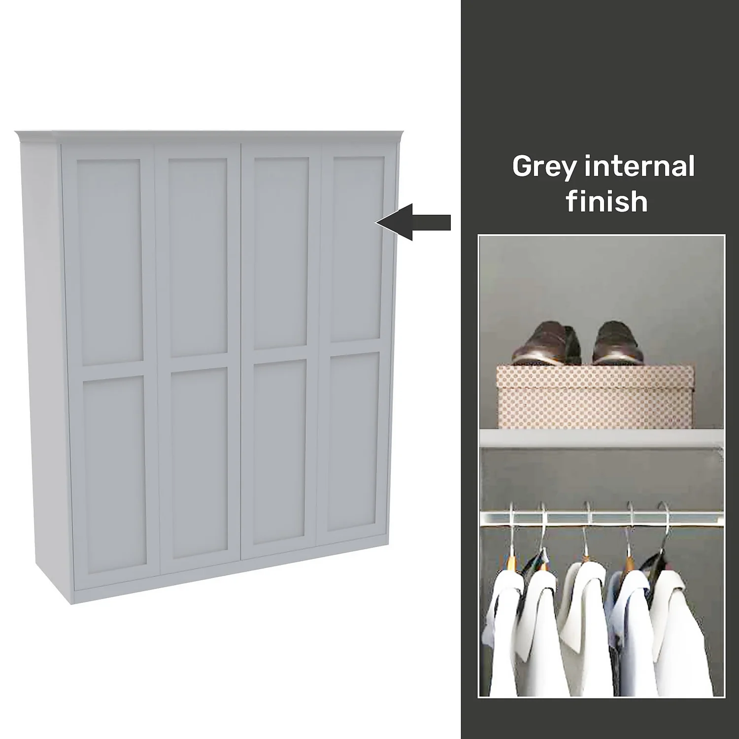 House Beautiful Realm Fitted Look Quad Wardrobe, Grey Carcass - White Shaker Doors (W) 1901mm X (H) 2256mm 3 House Beautiful Realm Fitted Look Quad Wardrobe, Grey Carcass - White Shaker Doors (W) 1901mm X (H) 2256mm