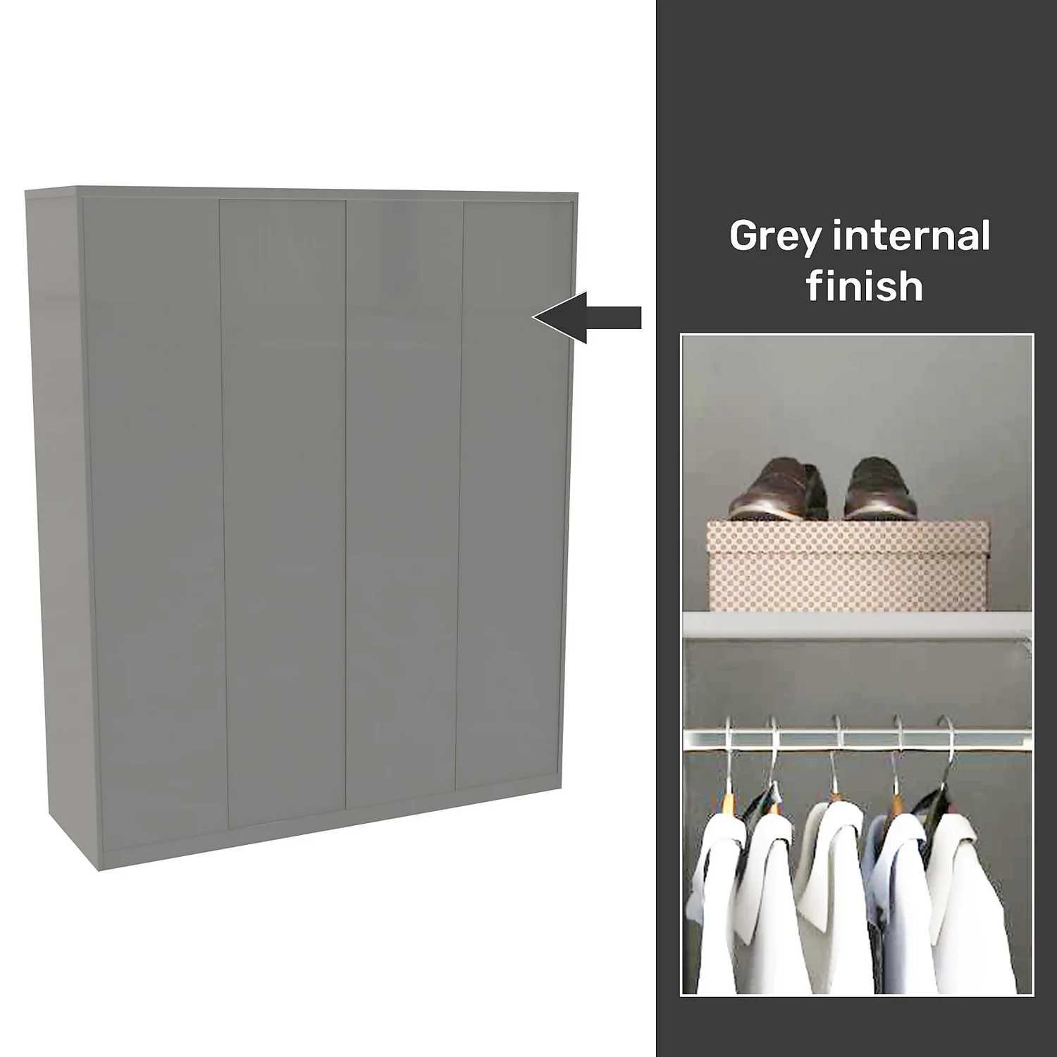 House Beautiful Honest Fitted Look Quad Wardrobe, Grey Carcass - Gloss Grey Slab Doors (W) 1840mm X (H) 2226mm 3 House Beautiful Honest Fitted Look Quad Wardrobe, Grey Carcass - Gloss Grey Slab Doors (W) 1840mm X (H) 2226mm