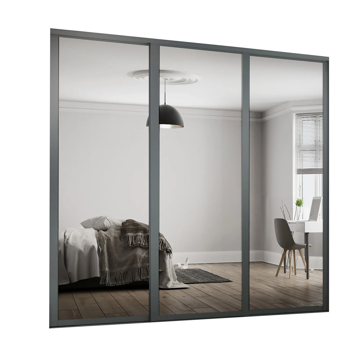 Shaker 3 Door Sliding Wardrobe Kit Mirror With Graphite Frame (W)2136 X (H)2260mm 3 Shaker 3 Door Sliding Wardrobe Kit Mirror With Graphite Frame (W)2136 X (H)2260mm